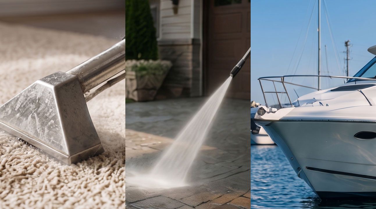 Close-up of carpet cleaning, sidewalk pressure washing, and a white sailboat docked on blue water
