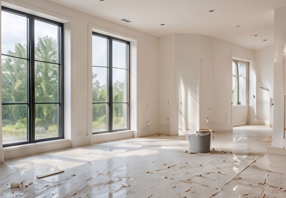 Bright empty room with large windows, white walls, and a bucket on a dusty floor under renovation