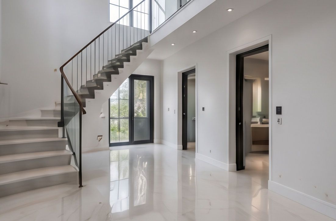 Modern white foyer with glossy floors, floating staircase, and open doorways to adjacent rooms