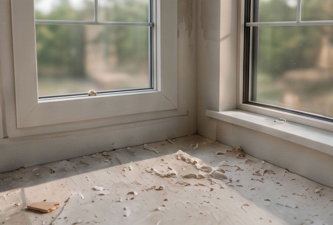 Dust and debris scattered on a white windowsill beside a sunlit window corner.