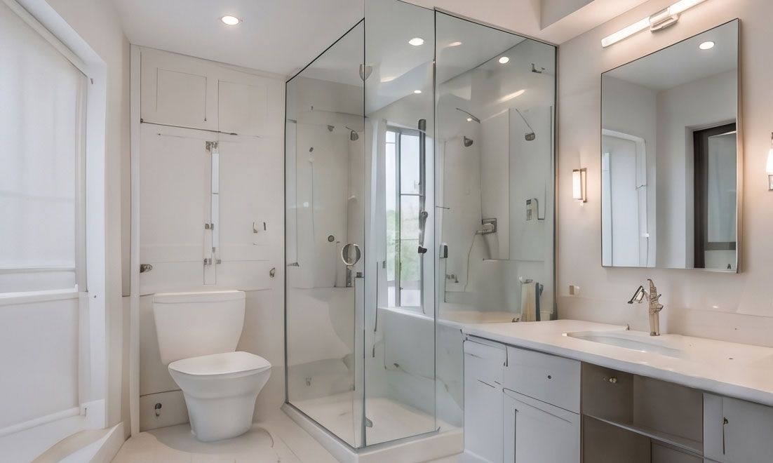 Modern white bathroom with glass shower, toilet, vanity, and illuminated mirror