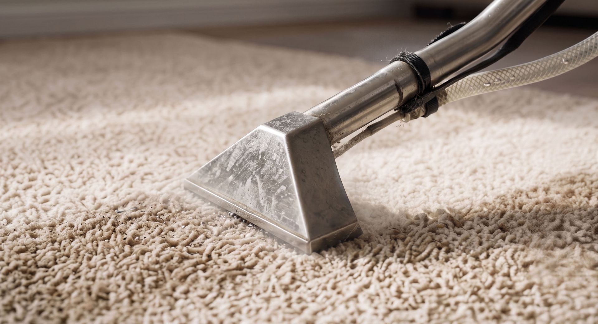 Carpet cleaner nozzle vacuuming beige carpet, removing dirt and moisture