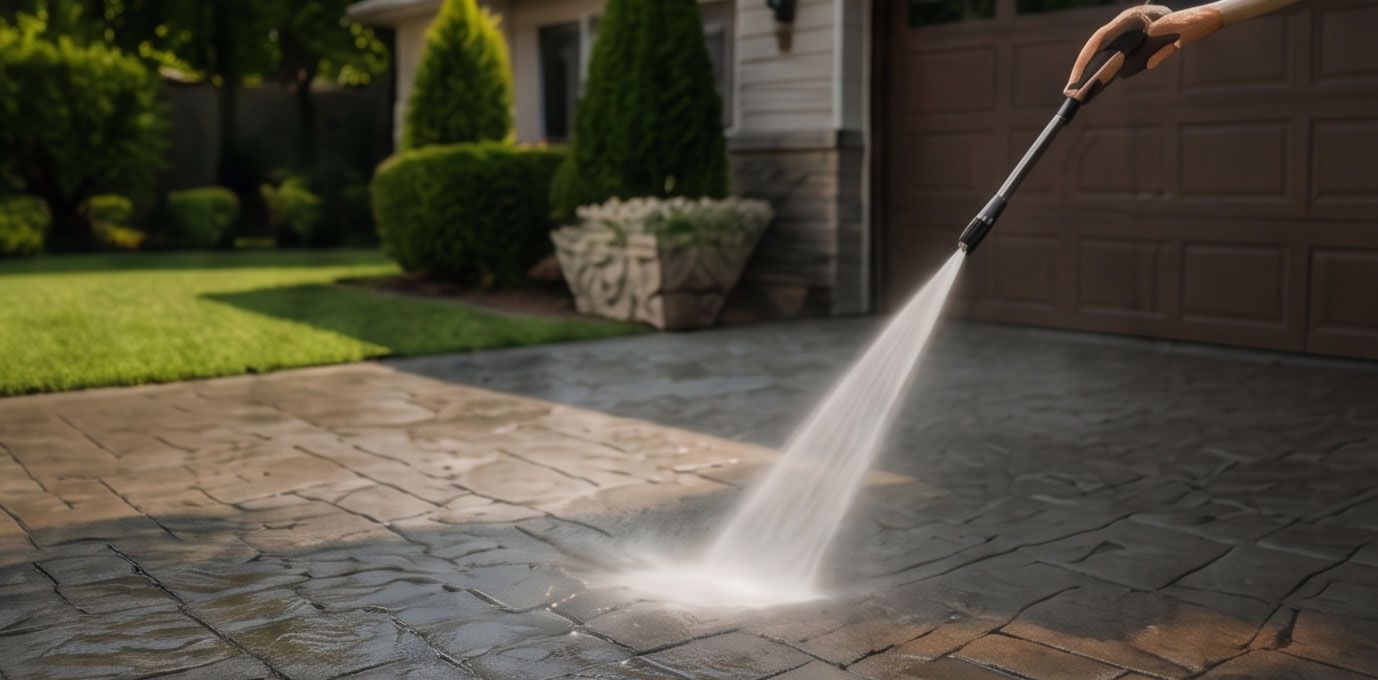 Pressure washing a driveway beside a garage and lawn