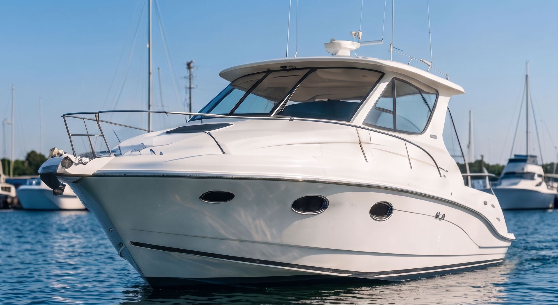 White motor yacht on calm blue water at a marina with sailboats in the background