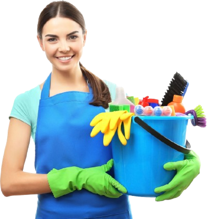 A woman in a blue apron and green gloves is holding a blue bucket full of cleaning supplies
