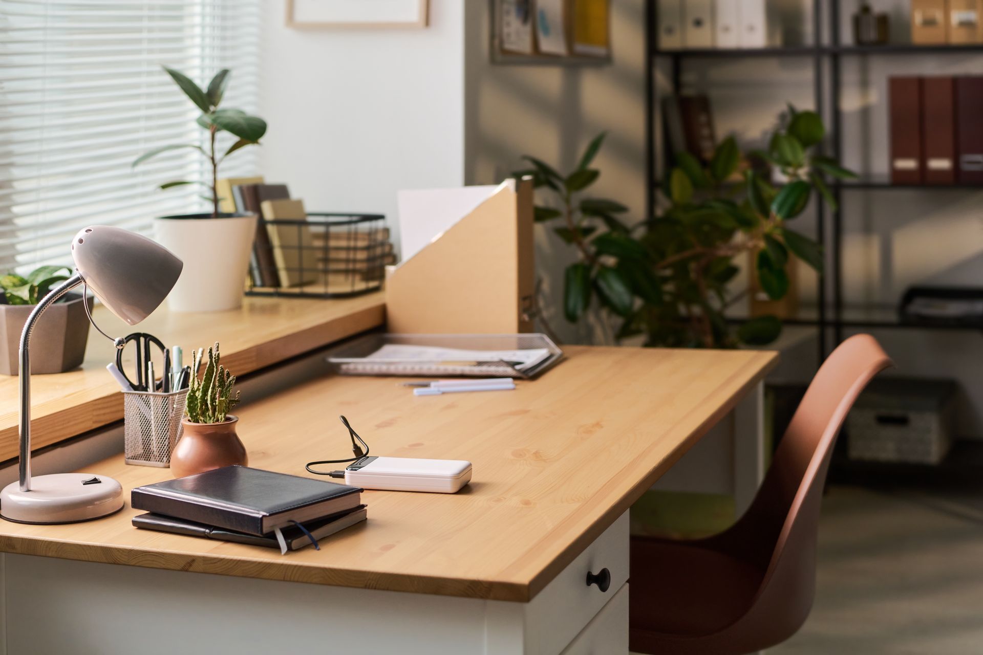 Modern office desk with lamp, notebooks, divider, and potted plants in a bright workspace