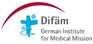 Logo of Difäm, German Institute for Medical Mission. Blue cross with a rod of Asclepius. Red arc over text.