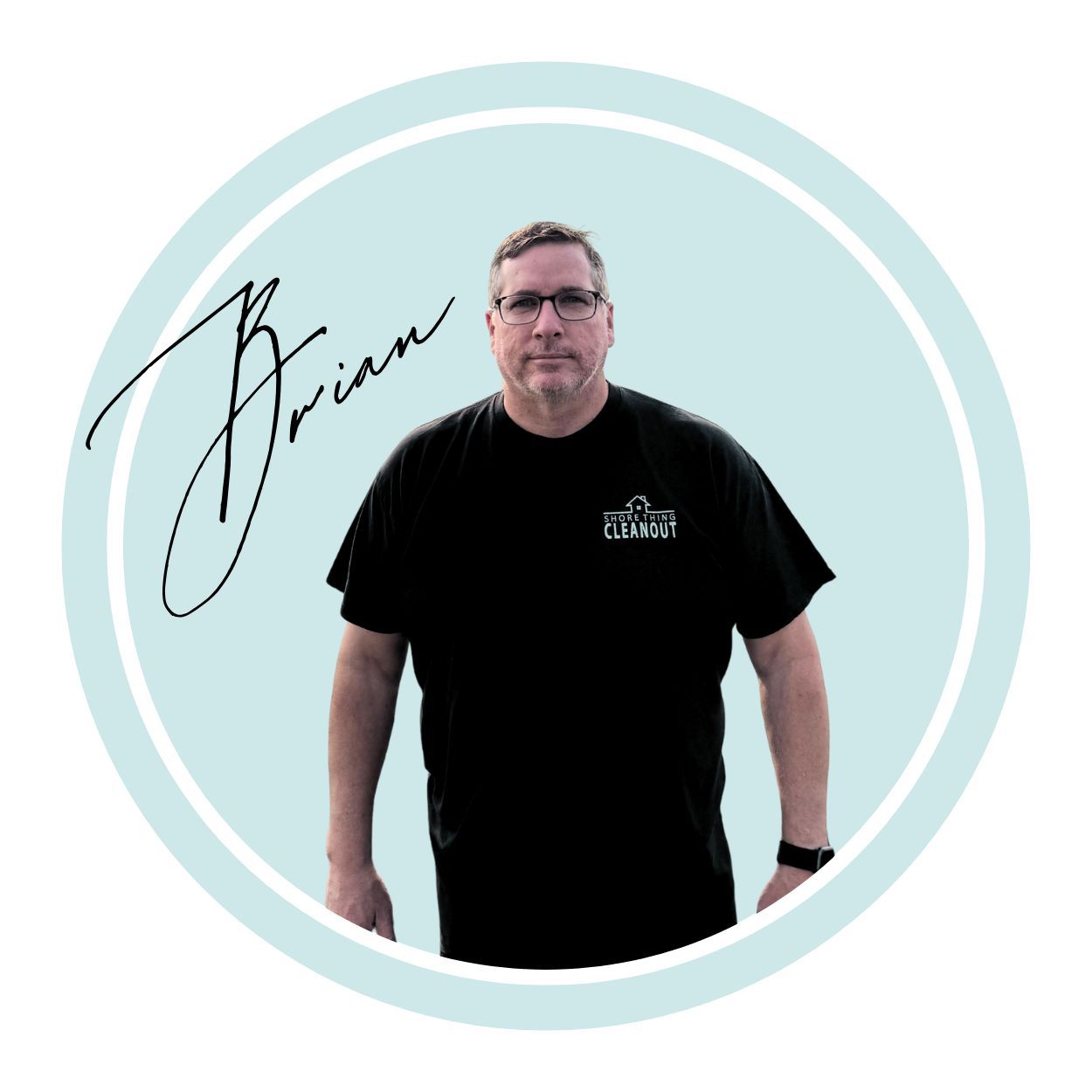 Man in black shirt, glasses, and watch, inside a light blue circle with signature