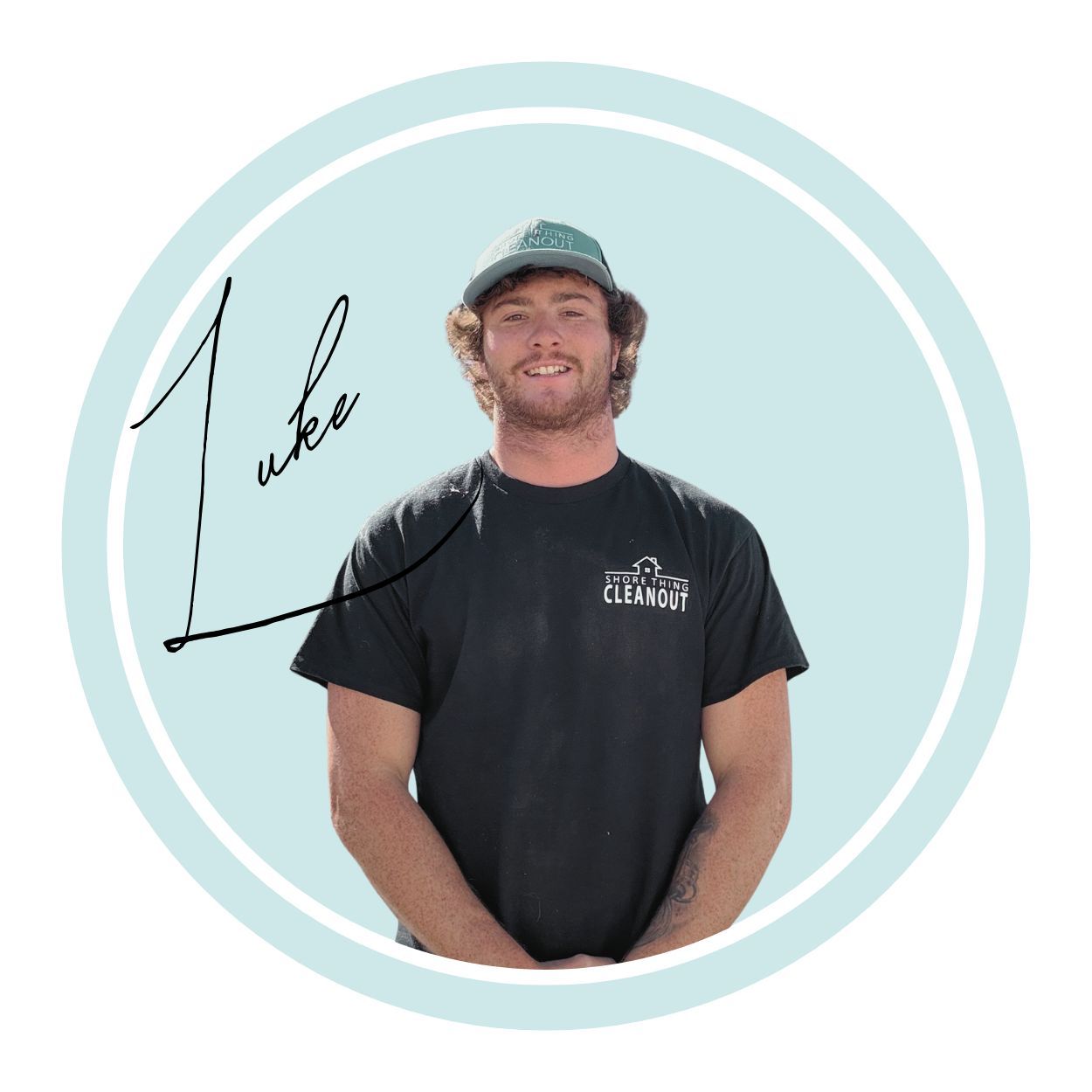 Man in black shirt and cap smiling, encircled by a light blue background, name