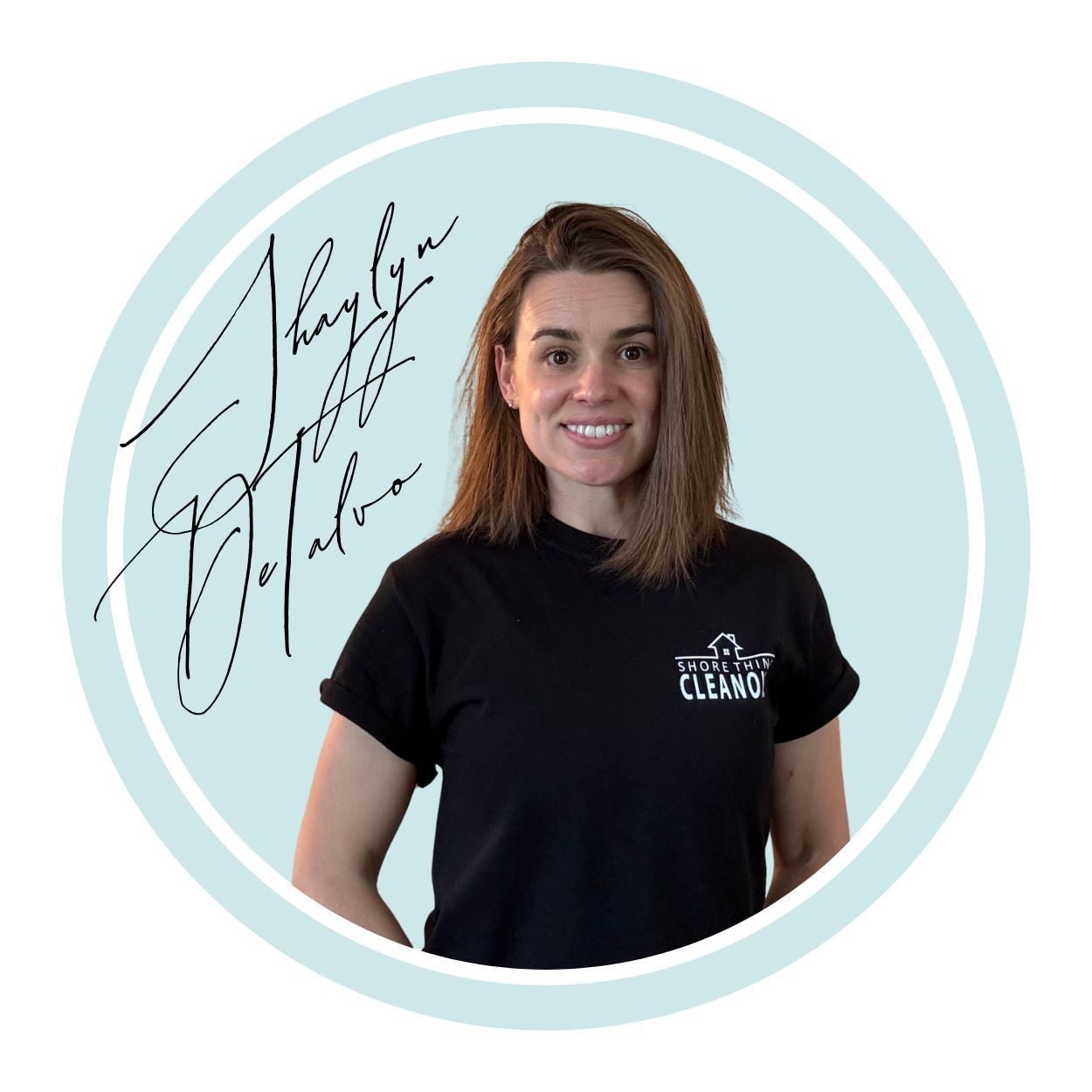 Woman wearing a black shirt smiles, with text