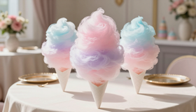 cotton candy cones on a decorated table at a children's party
