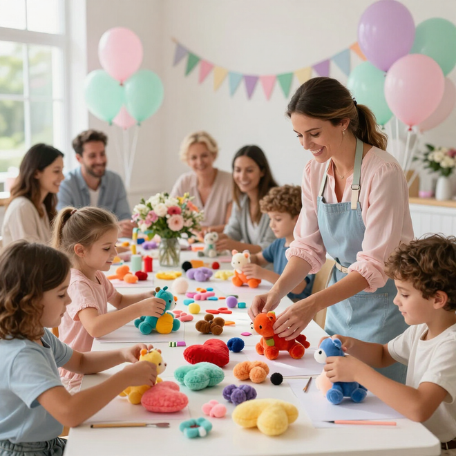 Children making colorful crafts at a birthday party table while a woman helps nearby