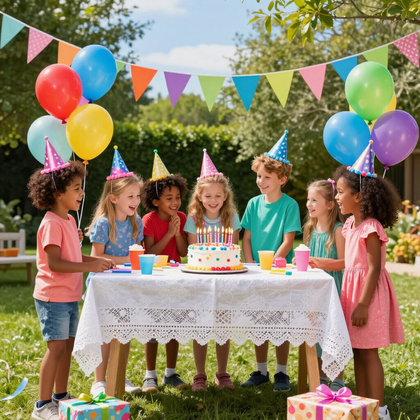 Children at a backyard birthday party around a cake, with balloons, bunting, and party hats