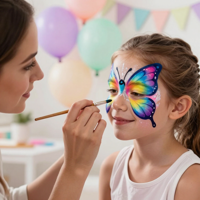 Face painting a child with a colorful butterfly design at a party, with balloons in the background