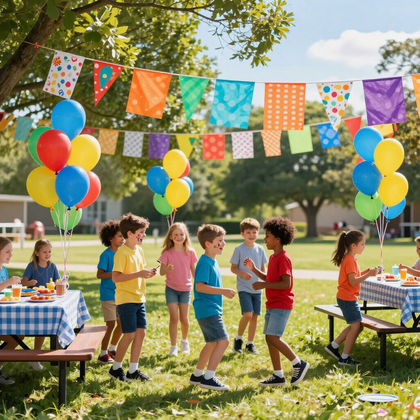 Children at a sunny outdoor party with colorful balloons, bunting, and picnic tables on the grass