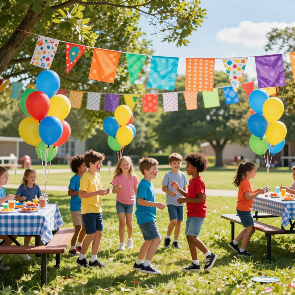 Children playing at a colorful outdoor birthday party with balloons, bunting, and picnic tables in a sunny park