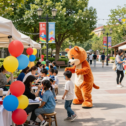 Outdoor community event with children at tables, colorful balloons, and a person in a teddy bear costume