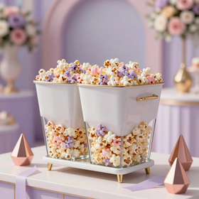 Two white containers of popcorn at a children's birthday party.