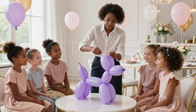 Children seated around a table watch a person arrange purple balloon animals in a bright party room