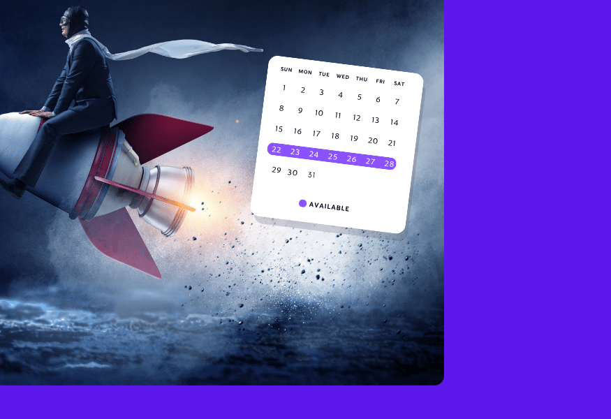 Man riding a rocket with a calendar showing dates highlighted in purple.