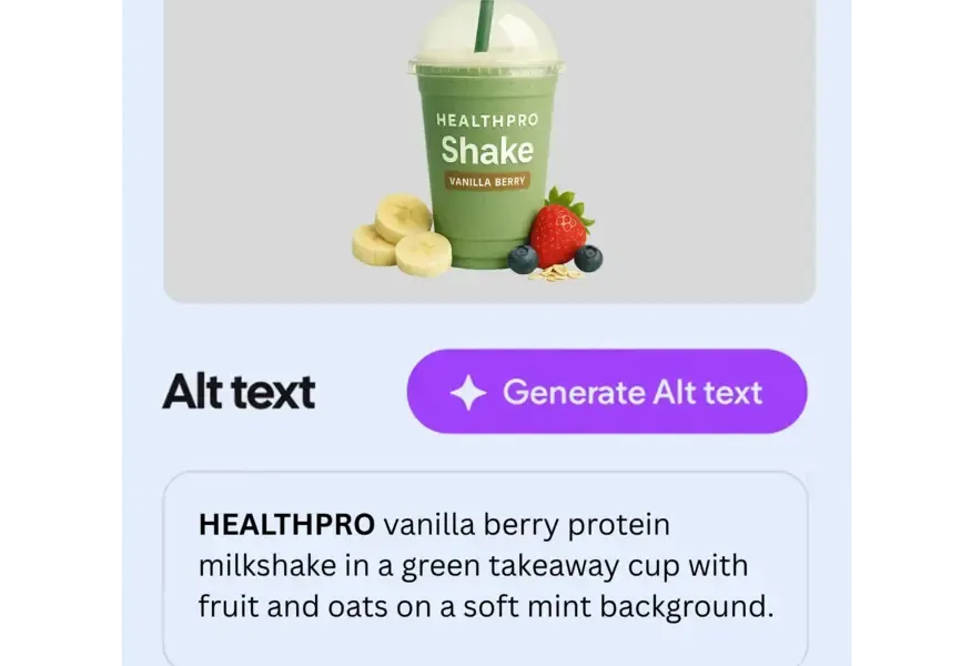 HEALTHPRO vanilla berry protein milkshake with fruit and oats on a mint background.