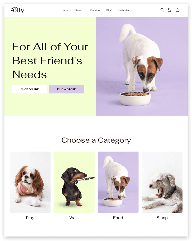 Homepage with dog products. Dog eating from a bowl, categories below with dogs.