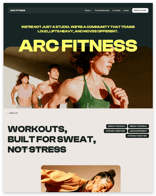 Website promoting ARC Fitness with running and workout images.