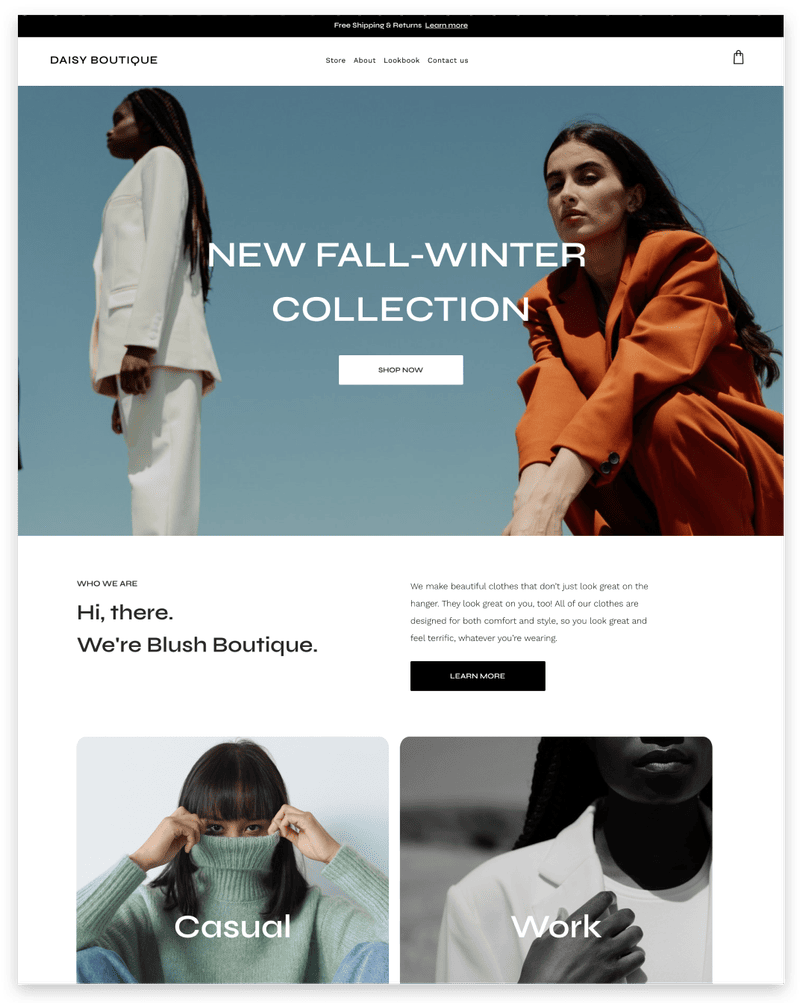 Blush Boutique website: Models in fall/winter clothing against a blue sky. Below are casual and work categories.