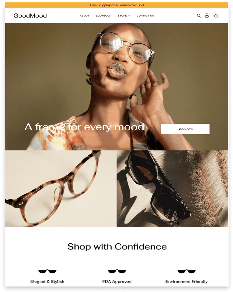 Website homepage with woman wearing glasses, and text