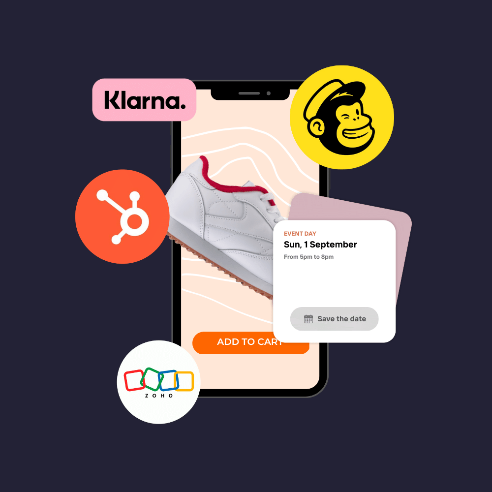 Smartphone showcasing a shoe, surrounded by Klarna, Mailchimp, HubSpot, and other app icons.