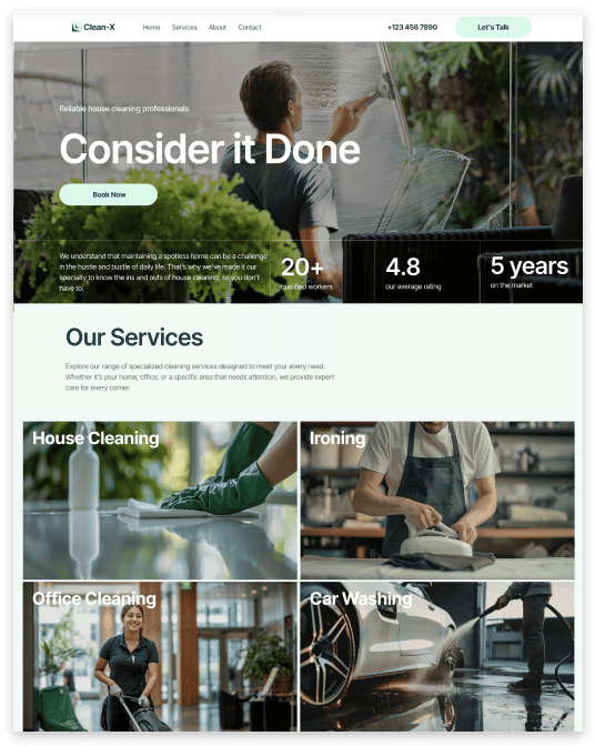 Website homepage promoting cleaning services; man cleaning window, cleaning service icons.