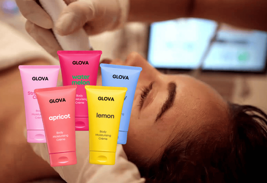Person receiving facial treatment with Glova skincare products. Pink, green, yellow, and blue tubes.