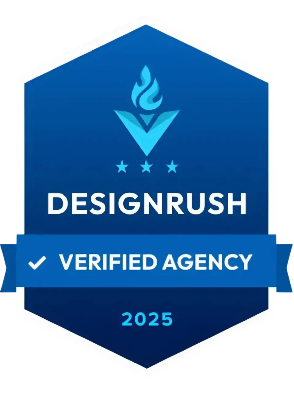 DesignRush Verified Agency badge. Blue and white hexagon with flame icon, stars, and