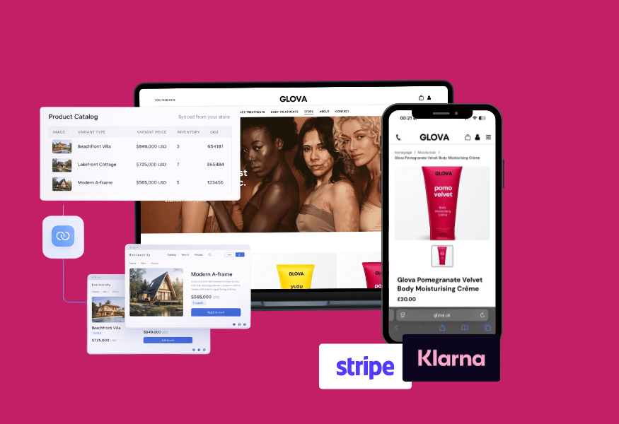 Screenshots of a website on multiple devices, showing product catalog, models, and skincare product, with payment options.