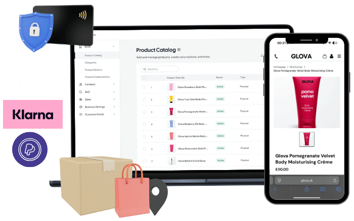 E-commerce illustration: laptop, phone, packages, credit card, and payment logos, featuring product list and lotion.