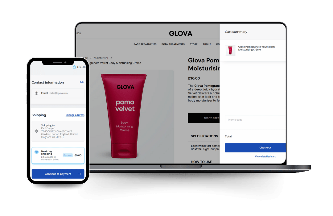 Glova website displayed on laptop and phone showcasing beauty products. Performance scores in purple circles.