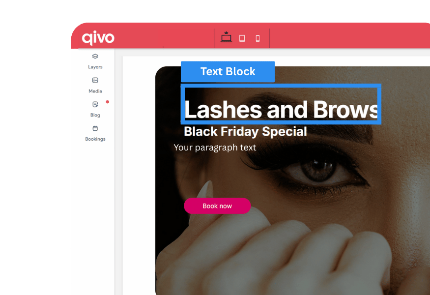 Website interface, "Lashes and Brows" promotion with text block on a woman's face. Includes a "Book Now" button.