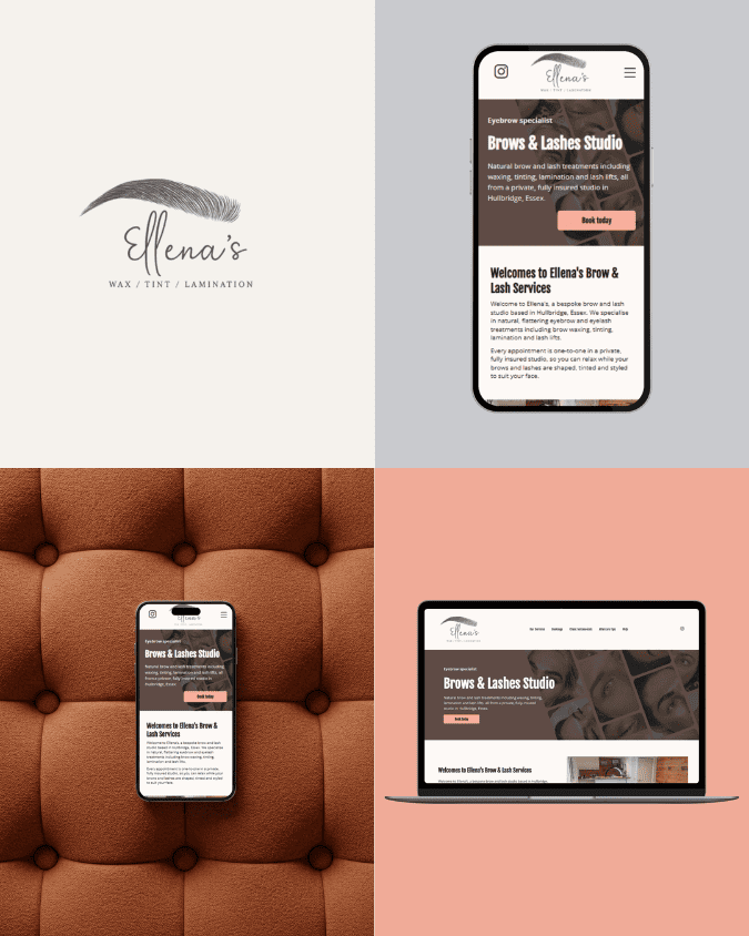 Logo and website mockups for Ellena's Brows & Lashes Studio: eyebrow illustration, phone/laptop displaying web pages.