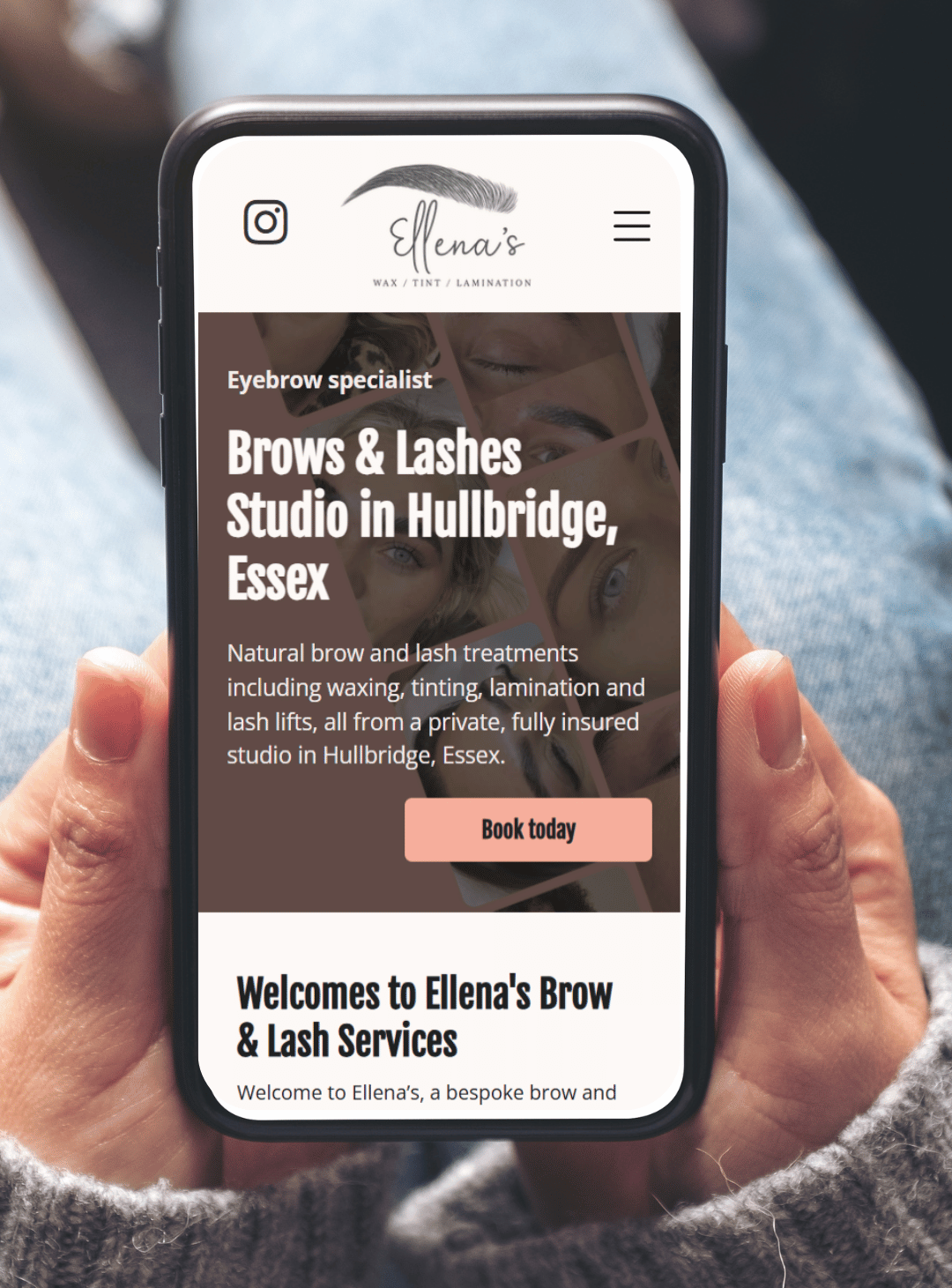 Smartphone displaying a brow and lash studio website, held in someone's hands.
