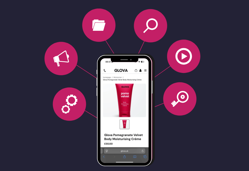 Smartphone displaying body cream, surrounded by icons: folder, search, play, key, settings, and speaker.