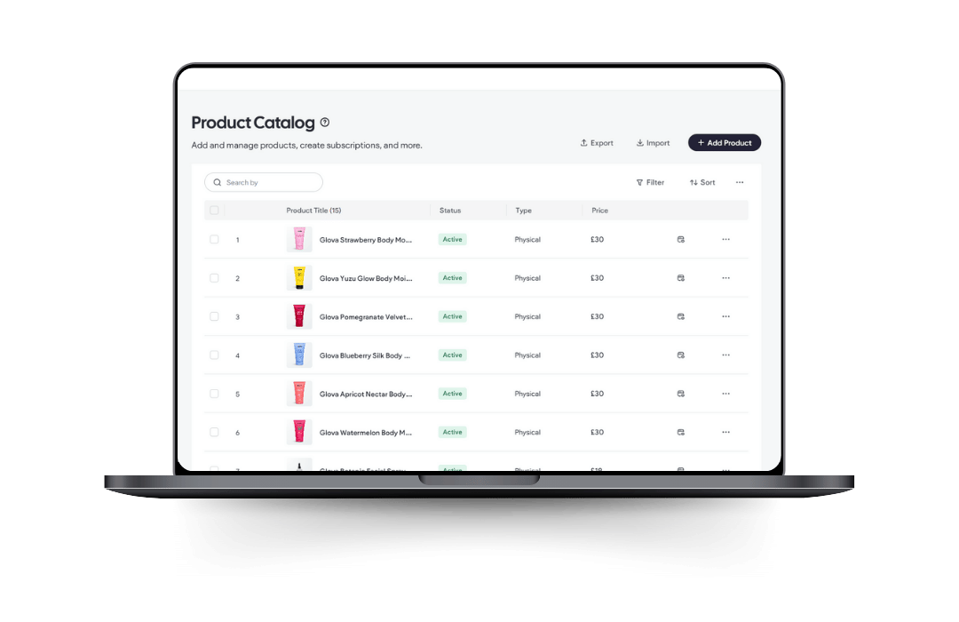 Laptop displaying a product catalog with sortable columns: Volume ID, Name, Type, Price, and Qty.