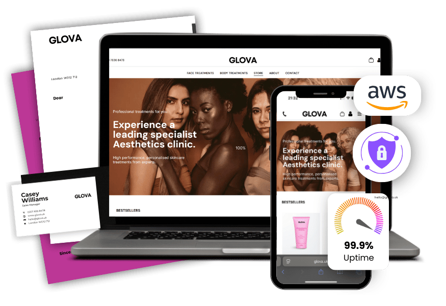 Glova branding: Website on laptop, phone, documents, and AWS security icons, showing aesthetic clinic content.