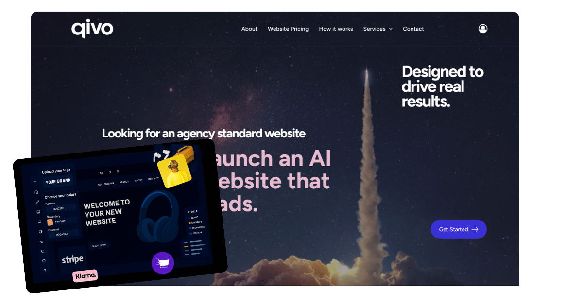 Website for Qivo with a rocket launching, and a tablet displaying the website interface.