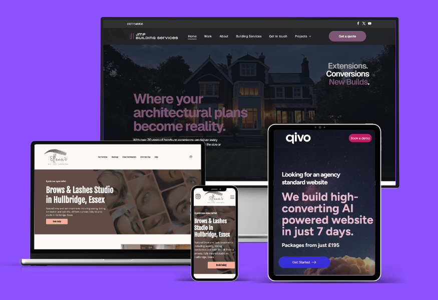 Websites on laptop, tablet, desktop, and phone screens showcasing architectural plans and AI-powered website services.