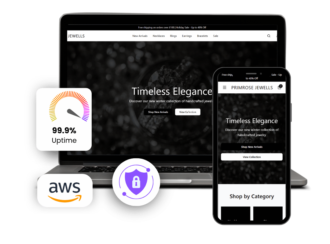 Website displayed on laptop and phone, with security and AWS badges, indicating high uptime and security.