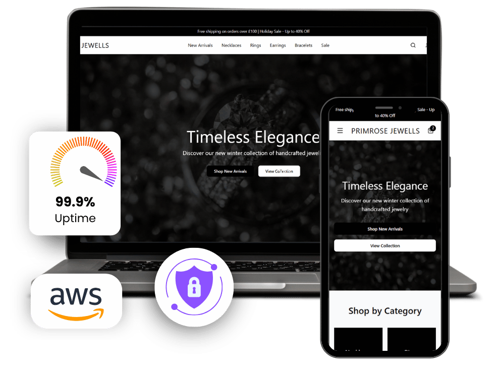 Website displayed on laptop and phone with uptime, security, and AWS icons.