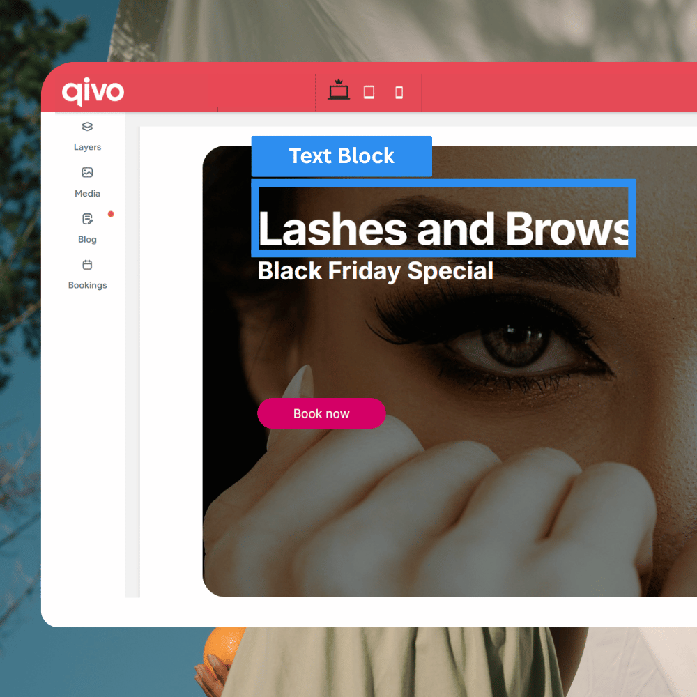Website interface showcasing a beauty business promotion for lashes and brows.