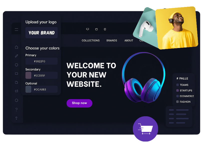 Website design interface with logo upload, color selection, and headphone graphic.