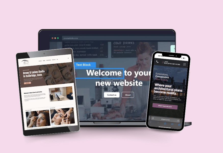 Three devices displaying a website: laptop in the center, smartphone and tablet on either side, all on a pink background.
