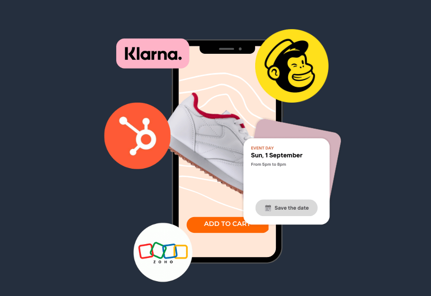 Smartphone with a shoe displayed, surrounded by Klarna, Mailchimp, HubSpot, and other app logos.